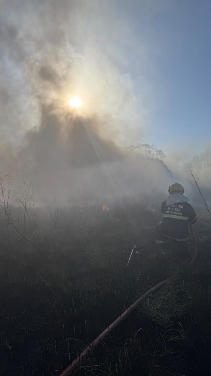 Incêndio em vegetação ameaçou estacionamento com 100 carretas e mobiliza bombeiros em Chapecó